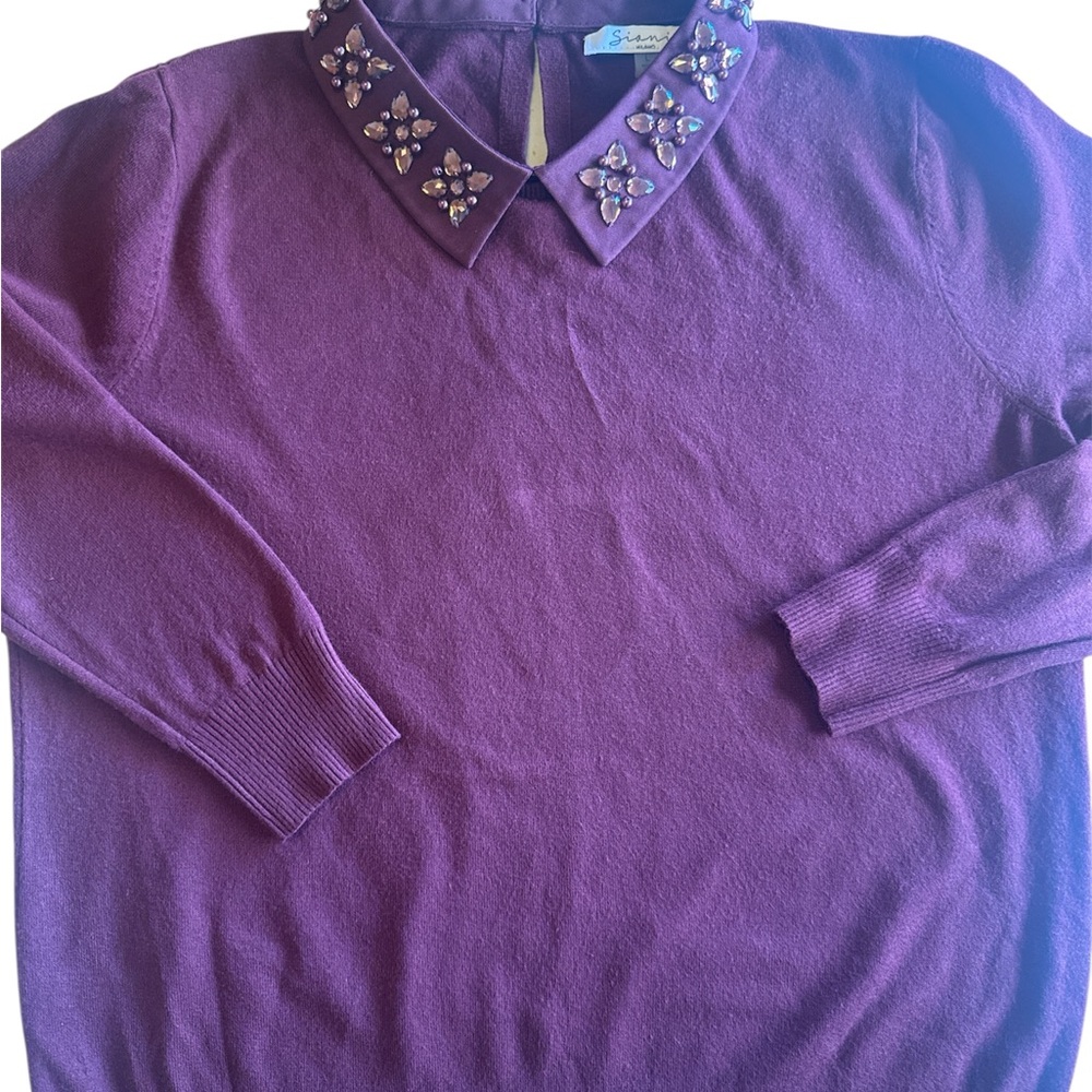 Sioni Embellished Collar Burgundy Sweater Lg - Picture 2 of 6